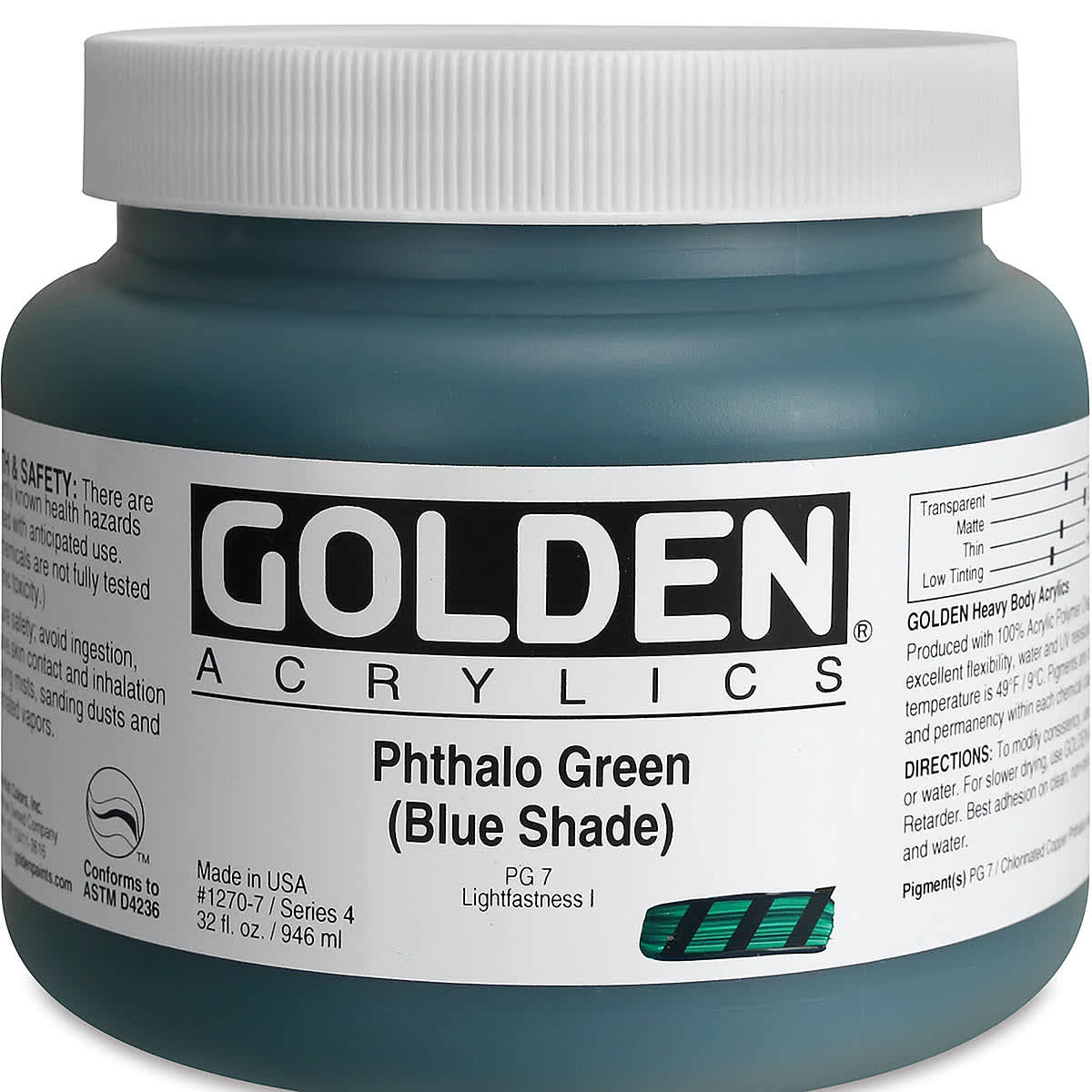 Golden Heavy Body Artist Acrylics - Phthalo Green (Blue Shade), 32 oz jar