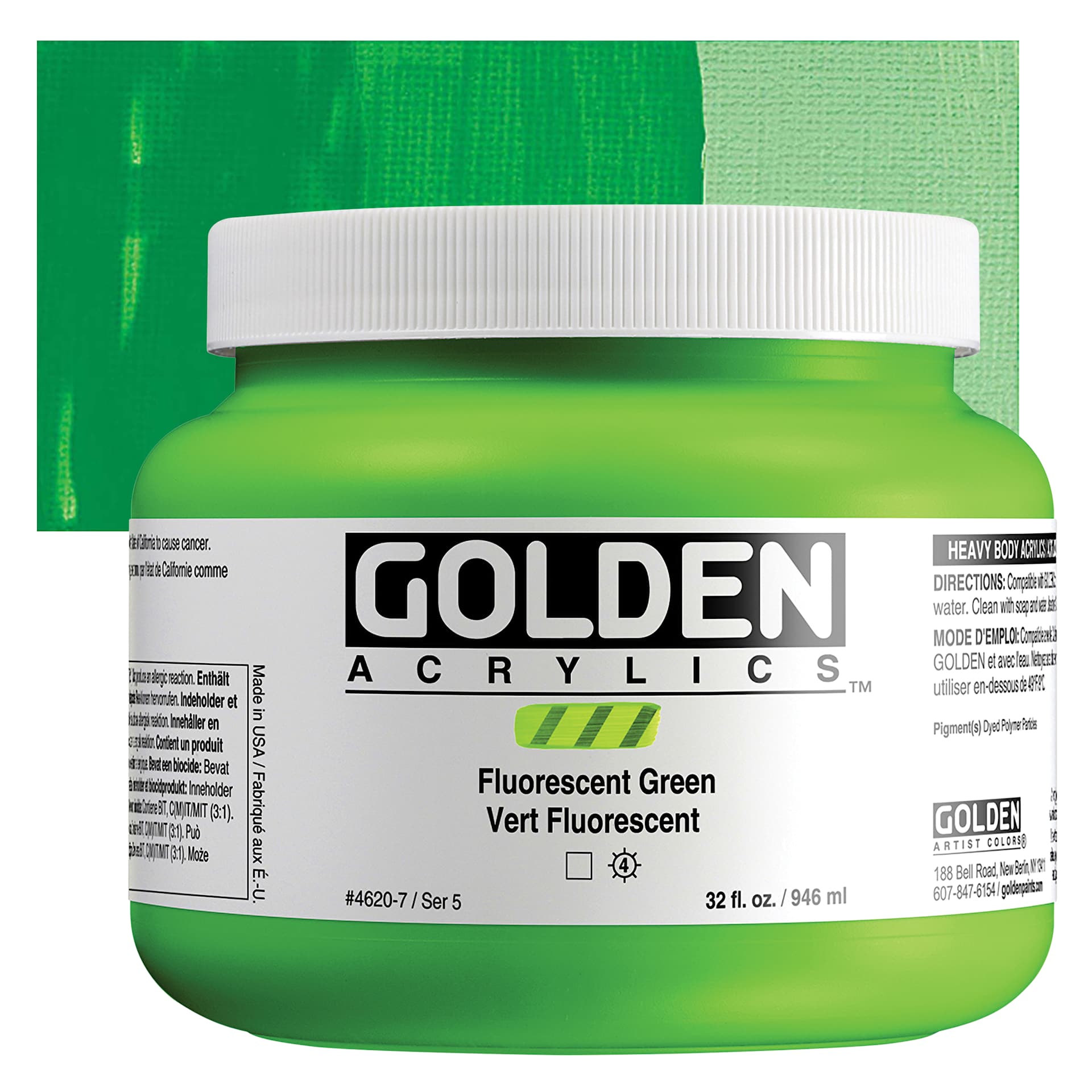 Golden Heavy Body Artist Acrylics - Fluorescent Green, 32 oz Jar and Swatch