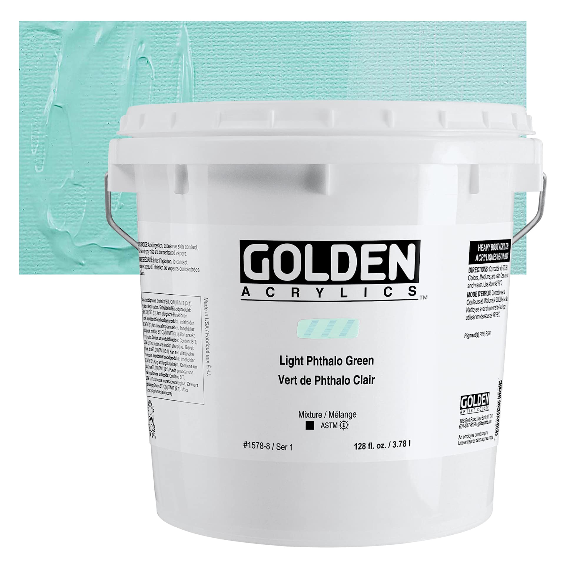Golden Heavy Body Acrylic Paint - Light Phthalo Green, 128 oz Jar and swatch