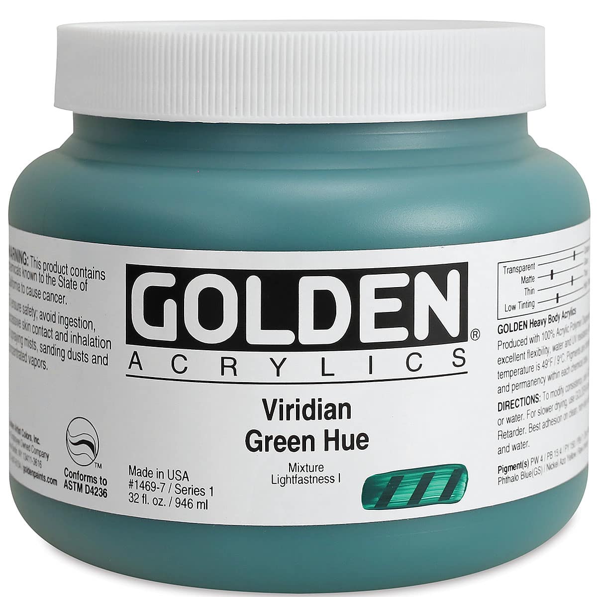 Golden Heavy Body Artist Acrylics - Viridian Green Hue, 32 oz Jar