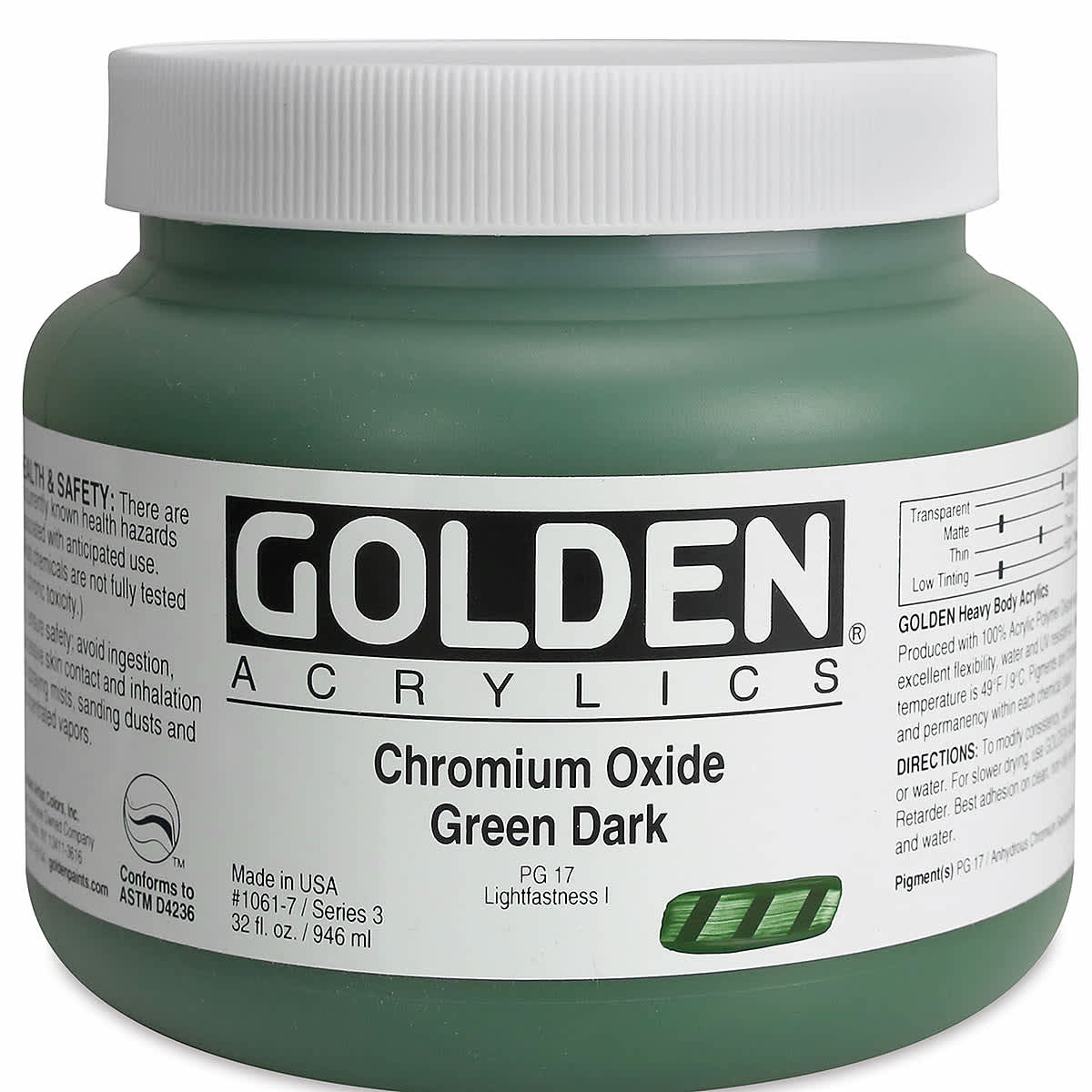 Golden Heavy Body Artist Acrylics - Chromium Oxide Green Dark, 32 oz Jar
