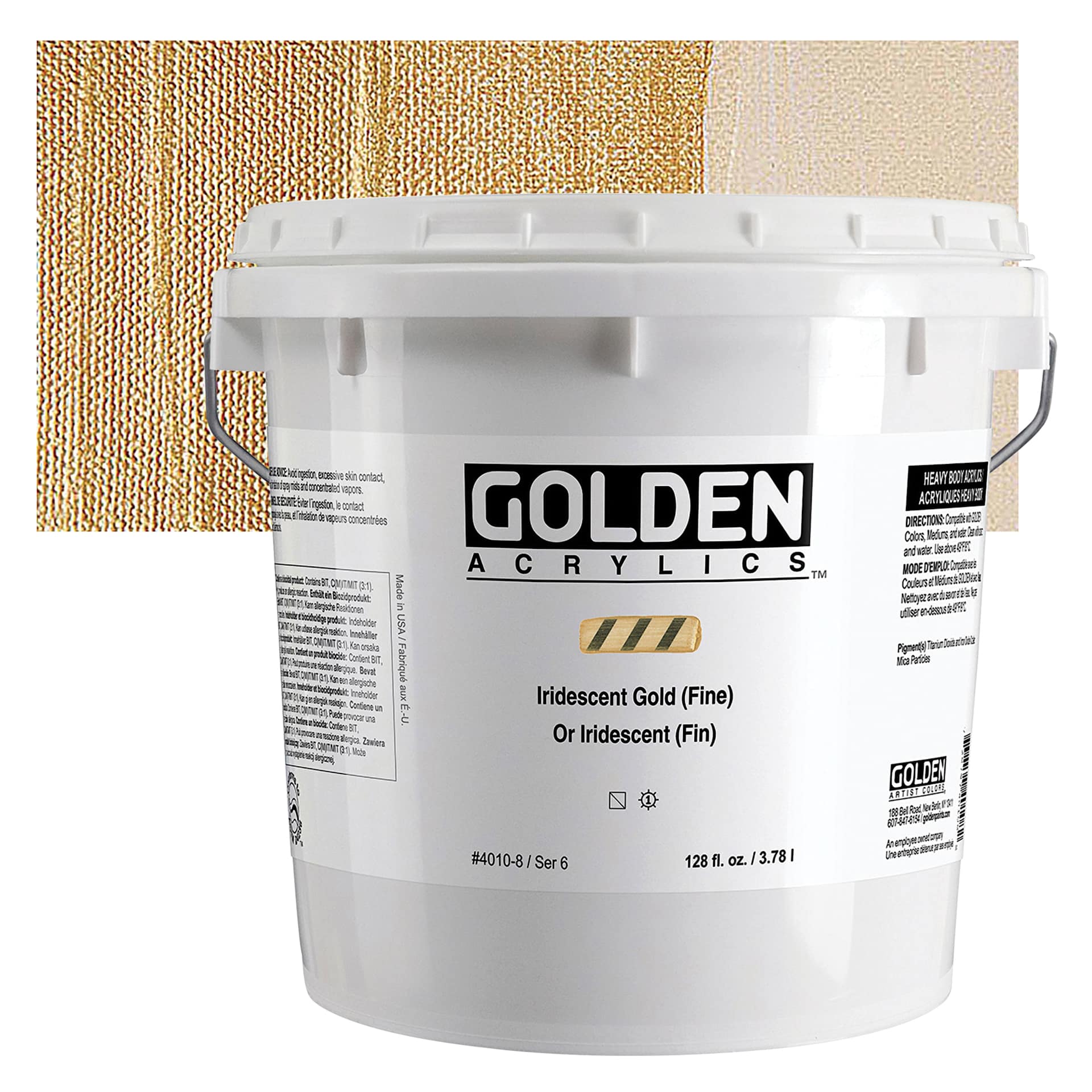 Golden Heavy Body Artist Acrylic - Iridescent Gold (Fine), 128 oz Jar and swatch