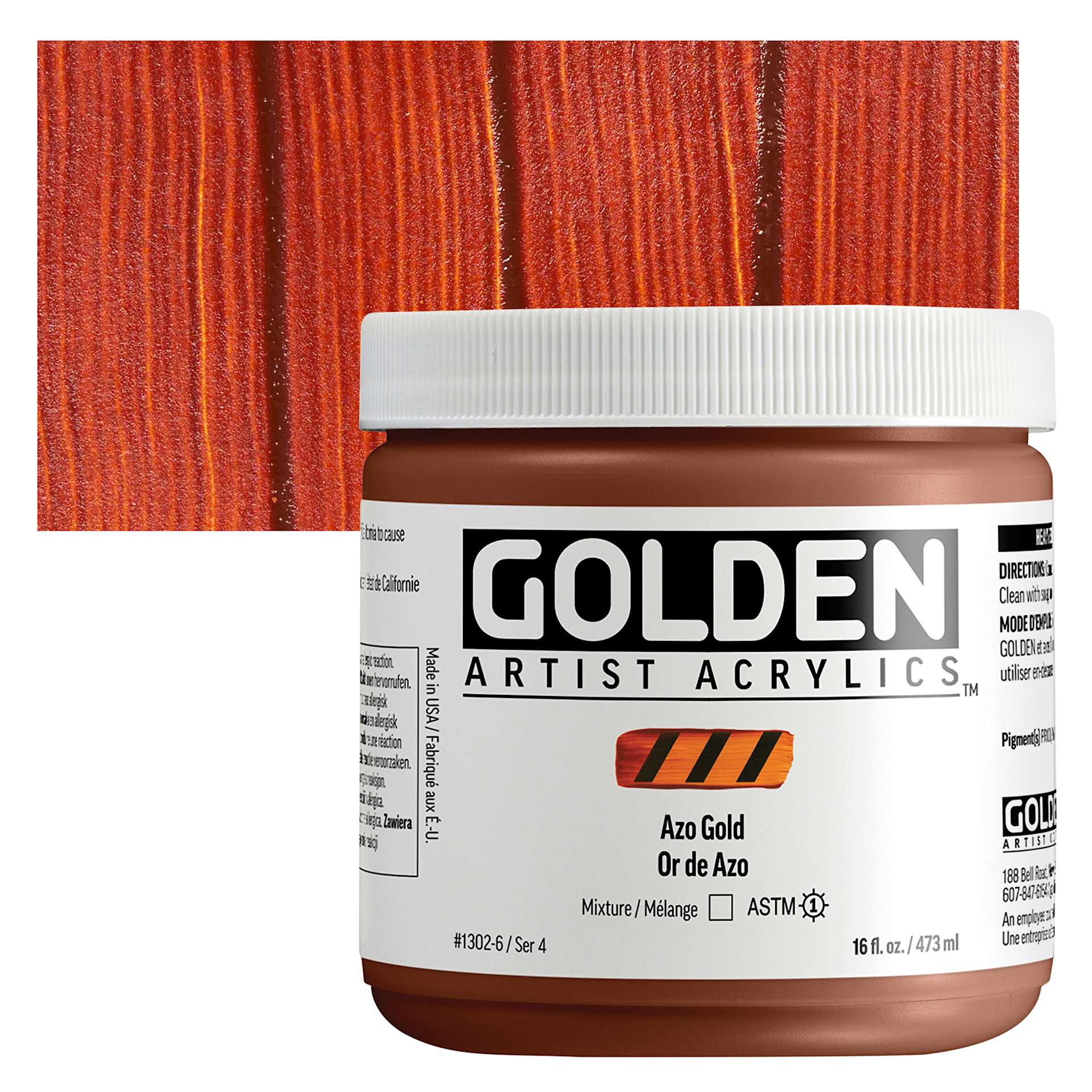 Golden Heavy Body Acrylic Paint - Azo Gold, 473 ml Jar and swatch