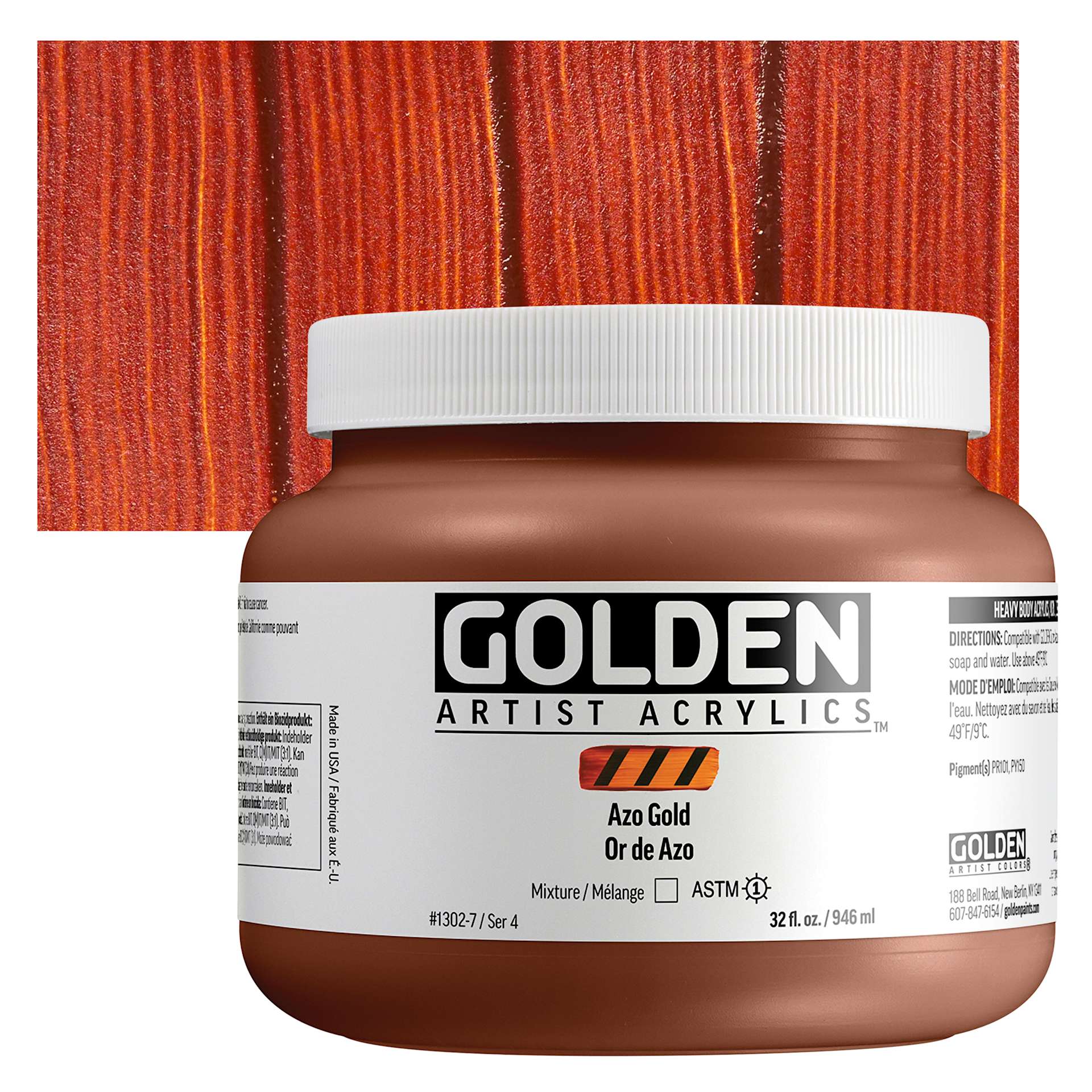 Golden Heavy Body Acrylic Paint - Azo Gold, 946 ml Jar and swatch