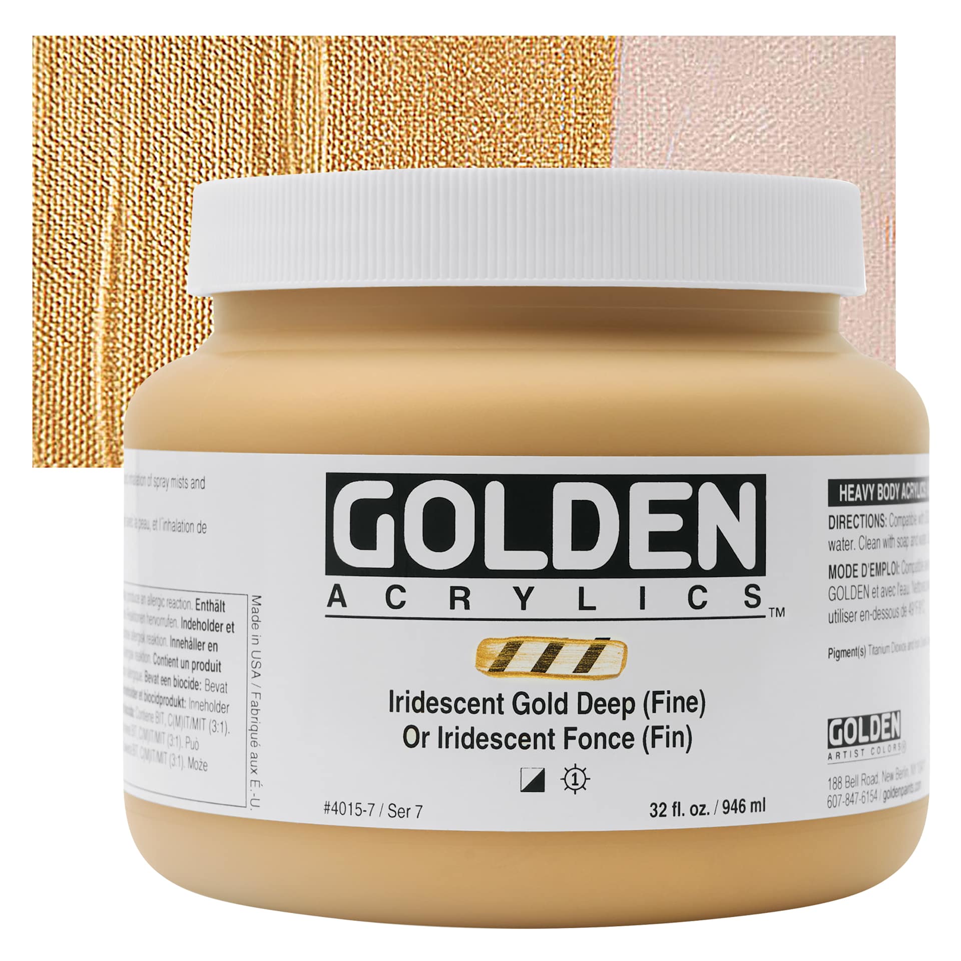 Golden Heavy Body Artist Acrylic - Iridescent Gold Deep (Fine), 32 oz Jar and swatch