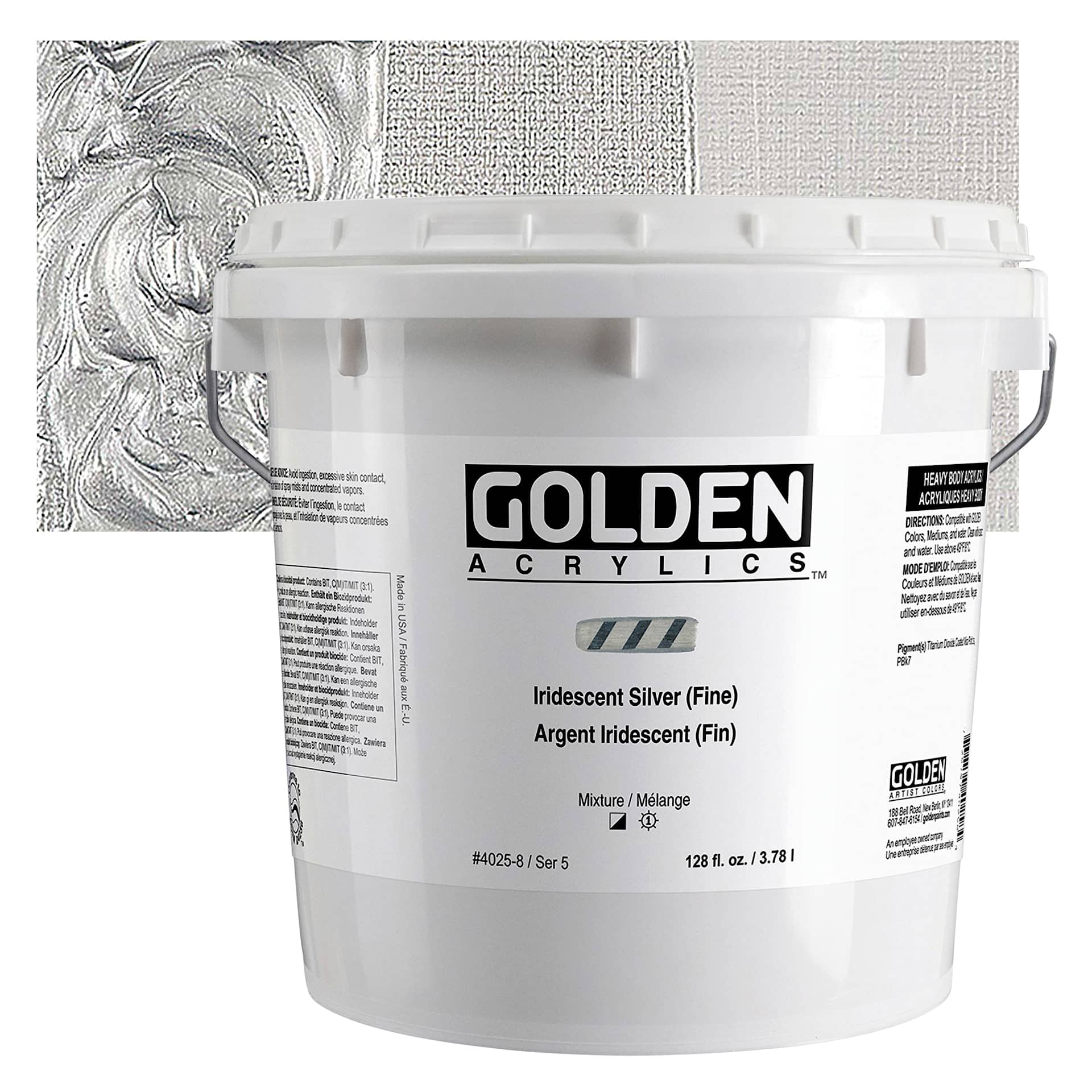 Golden Heavy Body Artist Acrylic - Iridescent Silver (Fine), 128 oz Jar and swatch