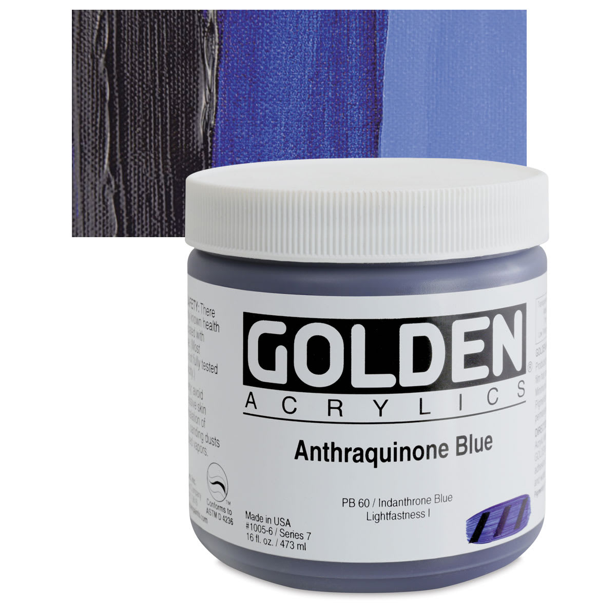 Golden Heavy Body Artist Acrylic - Anthraquinone Blue, 16 oz Jar and swatch