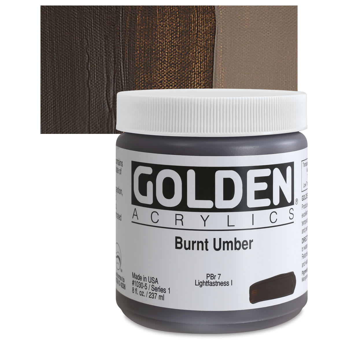 Golden Heavy Body Artist Acrylic - Burnt Umber, 8 oz Jar and swatch