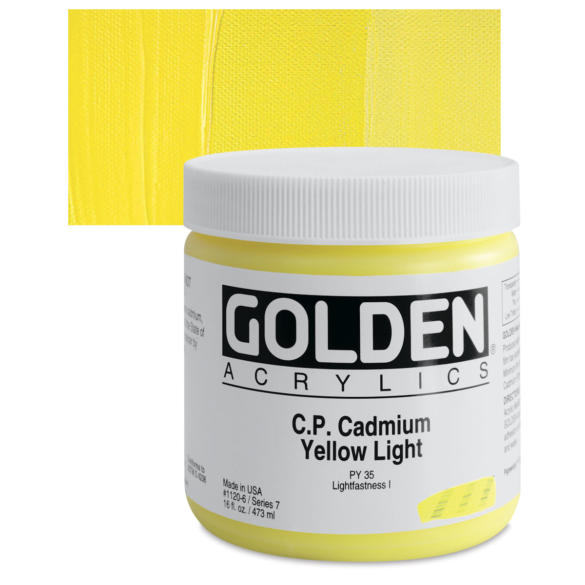 Golden Heavy Body Artist Acrylic - Cadmium Yellow Light, 16 oz Jar and swatch
