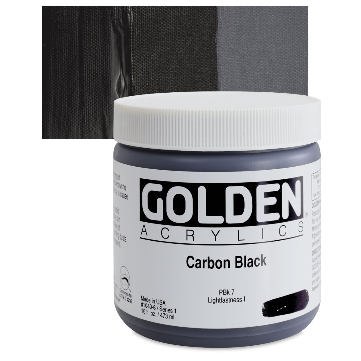 Golden Heavy Body Artist Acrylic - Carbon Black, 16 oz Jar and swatch