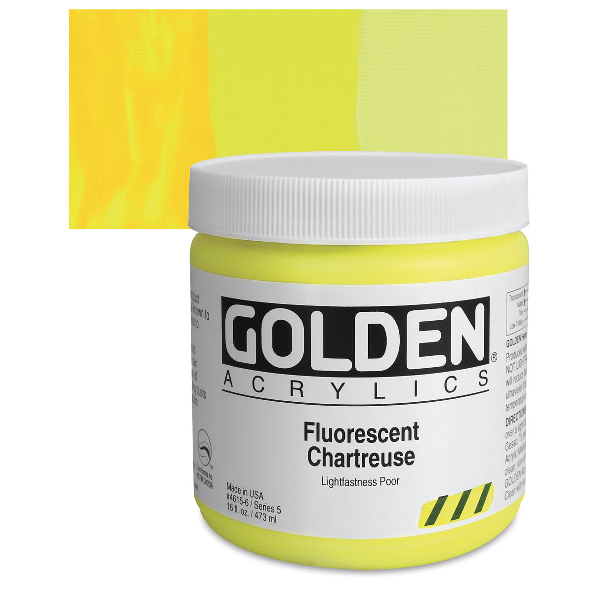Golden Heavy Body Artist Acrylic - Fluorescent Chartreuse, 16 oz jar and swatch