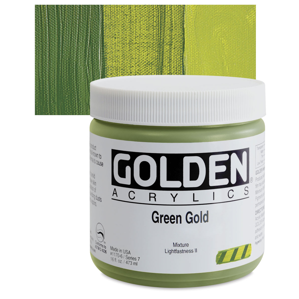 Golden Heavy Body Artist Acrylic - Green Gold, 16 oz Jar and swatch