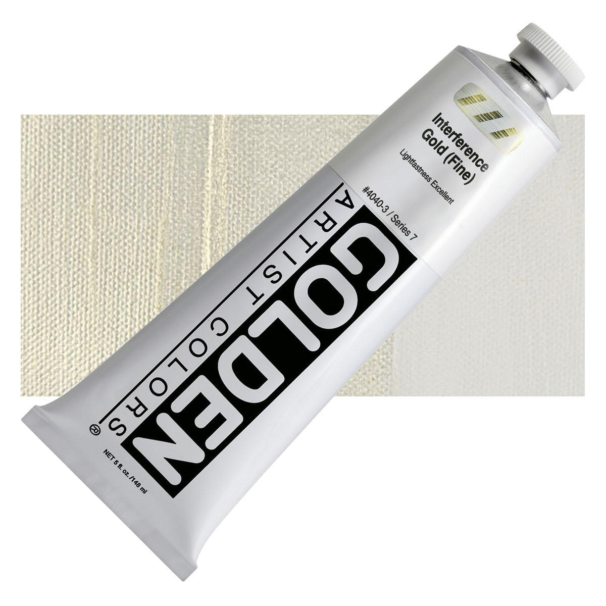Golden Heavy Body Artist Acrylic - Interference Gold (Fine), 5 oz tube and swatch