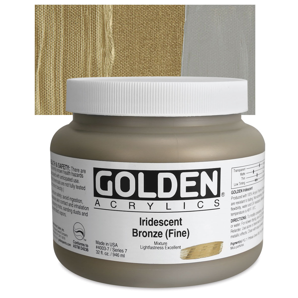 Golden Heavy Body Artist Acrylic - Iridescent Bronze (Fine), 32 oz Jar and swatch