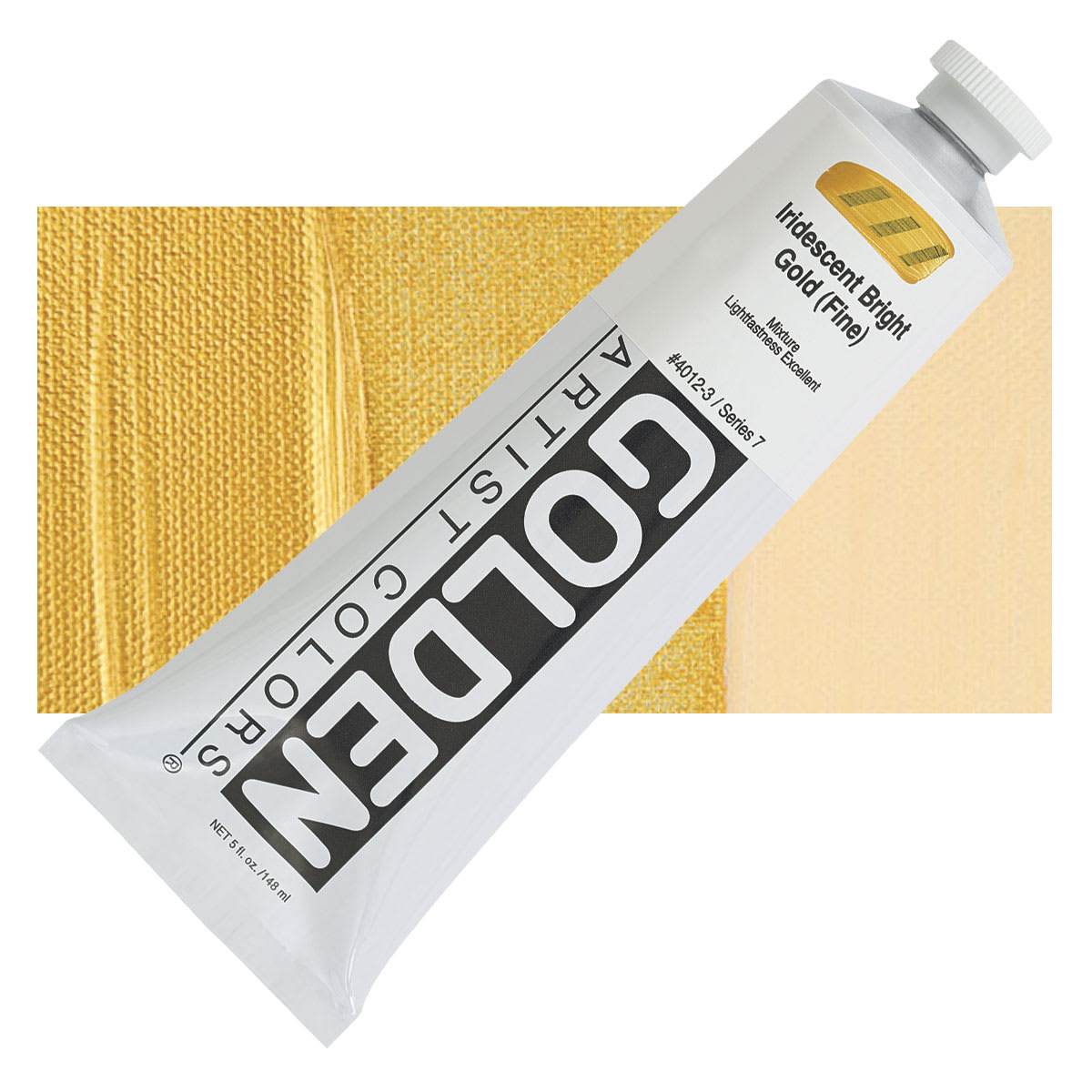 Golden Heavy Body Artist Acrylic - Iridescent Bright Gold (Fine), 5 oz tube and swatch