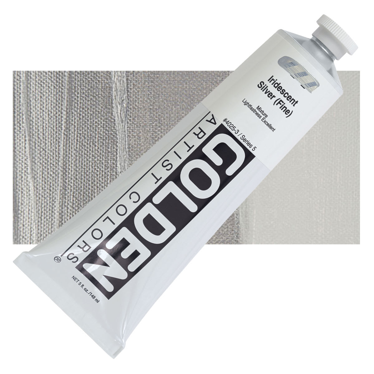 Golden Heavy Body Artist Acrylic - Iridescent Silver (Fine), 5 oz tube and swatch