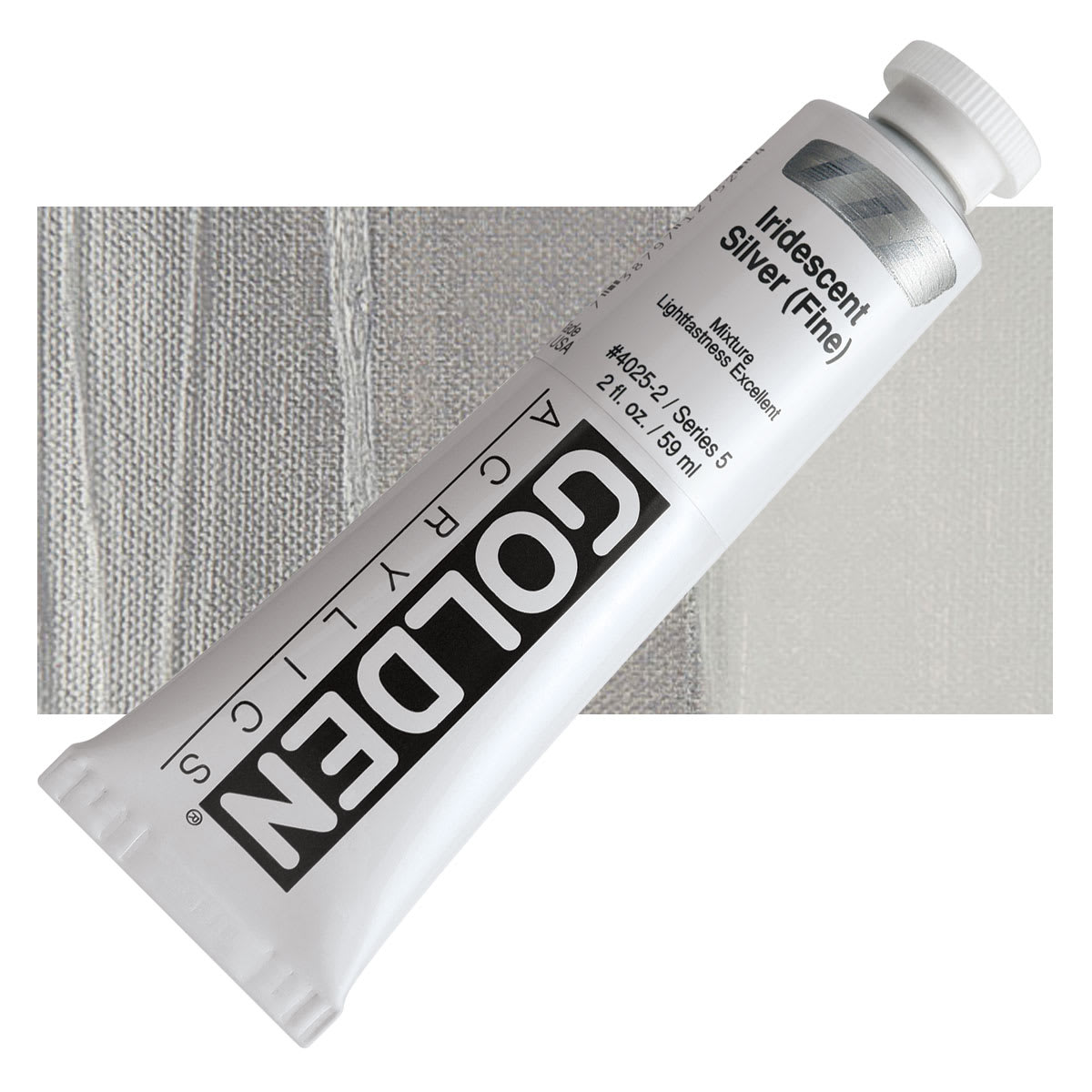 Golden Heavy Body Artist Acrylic - Iridescent Silver (Fine), 2 oz Tube and swatch