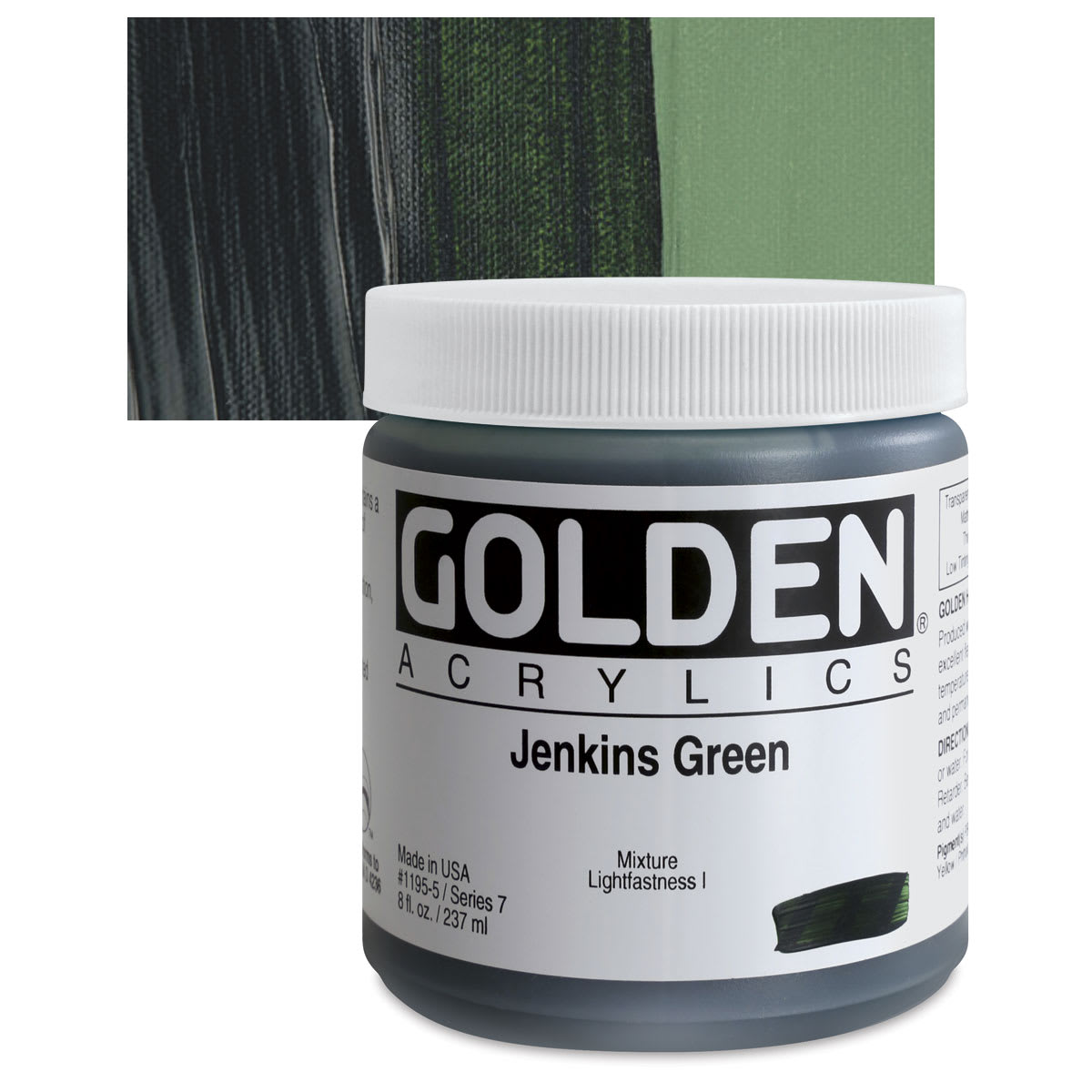 Golden Heavy Body Artist Acrylic - Jenkins Green, 8 oz jar and swatch
