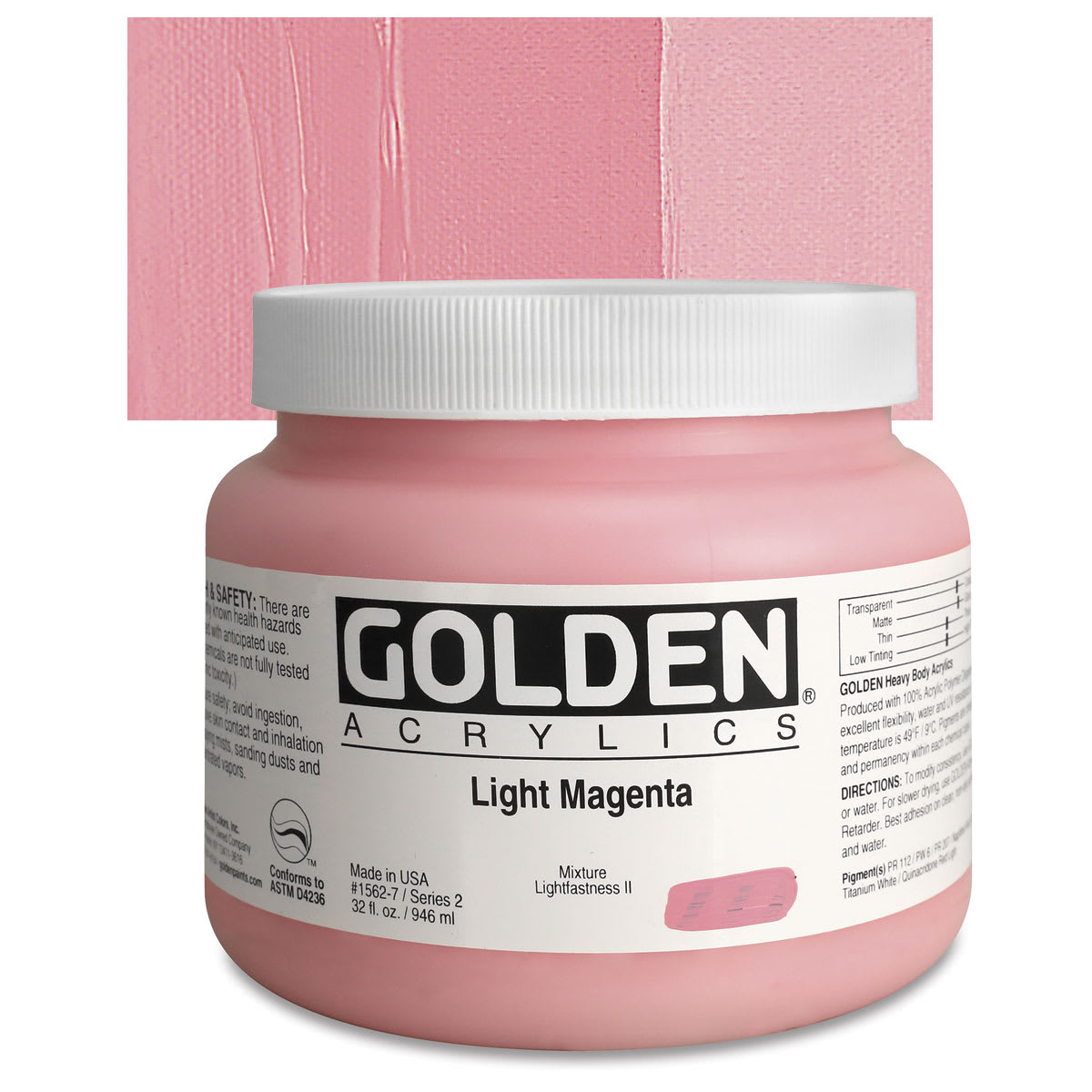 Golden Heavy Body Artist Acrylic - Light Magenta, 32 oz Jar and swatch