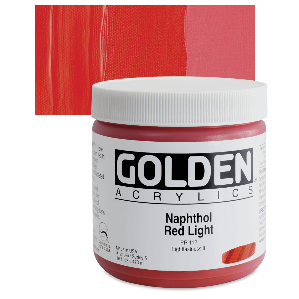 Golden Heavy Body Artist Acrylic - Naphthol Red Light, 16 oz Jar and swatch