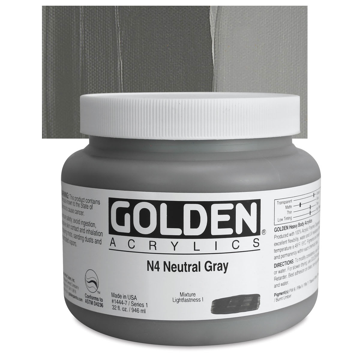 Golden Heavy Body Artist Acrylic - Neutral Gray N4, 32 oz Jar and swatch