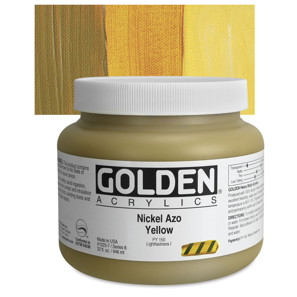 Golden Heavy Body Artist Acrylic - Nickel Azo Yellow, 32 oz Jar and swatch