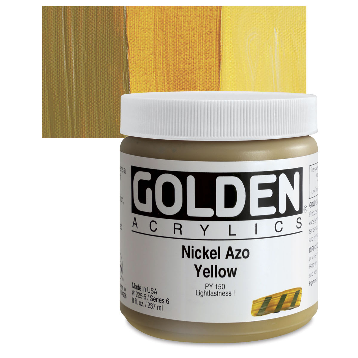 Golden Heavy Body Artist Acrylic - Nickel Azo Yellow, 8 oz Jar and swatch