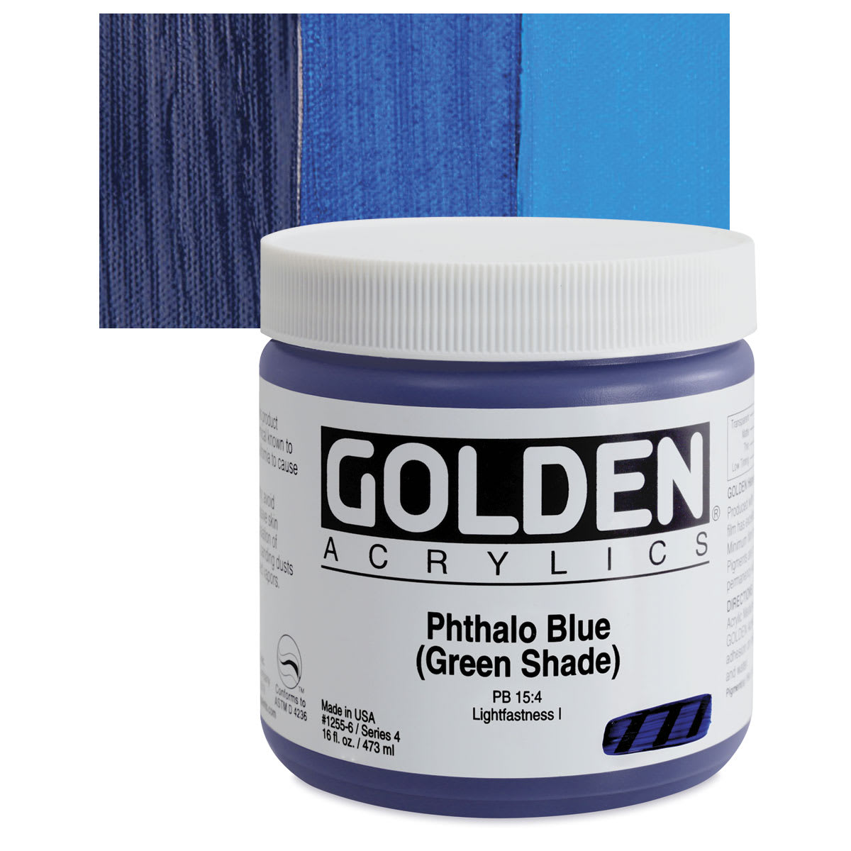Golden Heavy Body Artist Acrylic - Phthalo Blue (Green Shade), 16 oz Jar and swatch