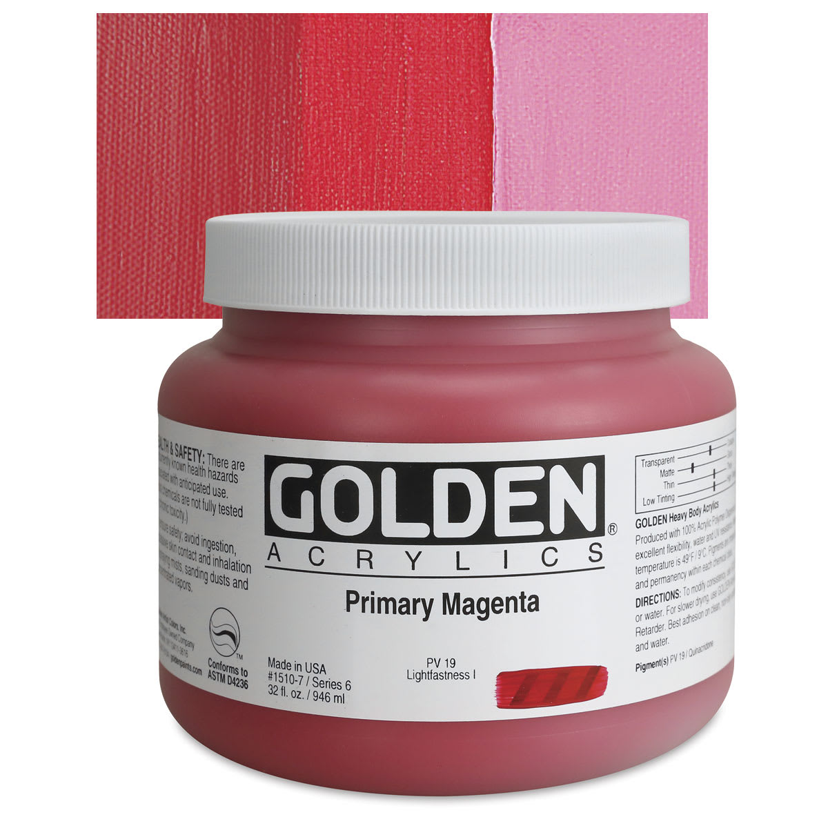 Golden Heavy Body Artist Acrylic - Primary Magenta, 32 oz Jar and swatch