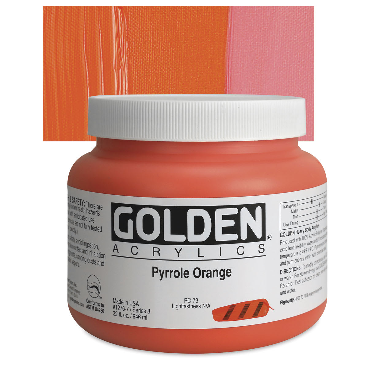 Golden Heavy Body Artist Acrylic - Pyrrole Orange, 32 oz Jar and swatch
