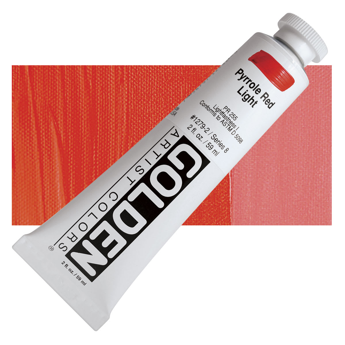 Golden Heavy Body Artist Acrylic - Pyrrole Red Light, 2 oz Tube and swatch