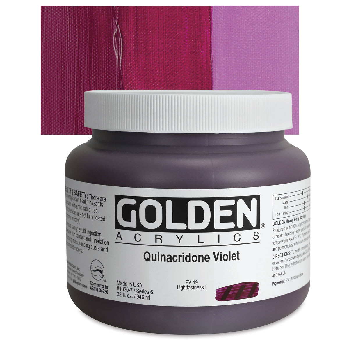 Golden Heavy Body Artist Acrylic - Quinacridone Violet, 32 oz Jar and swatch