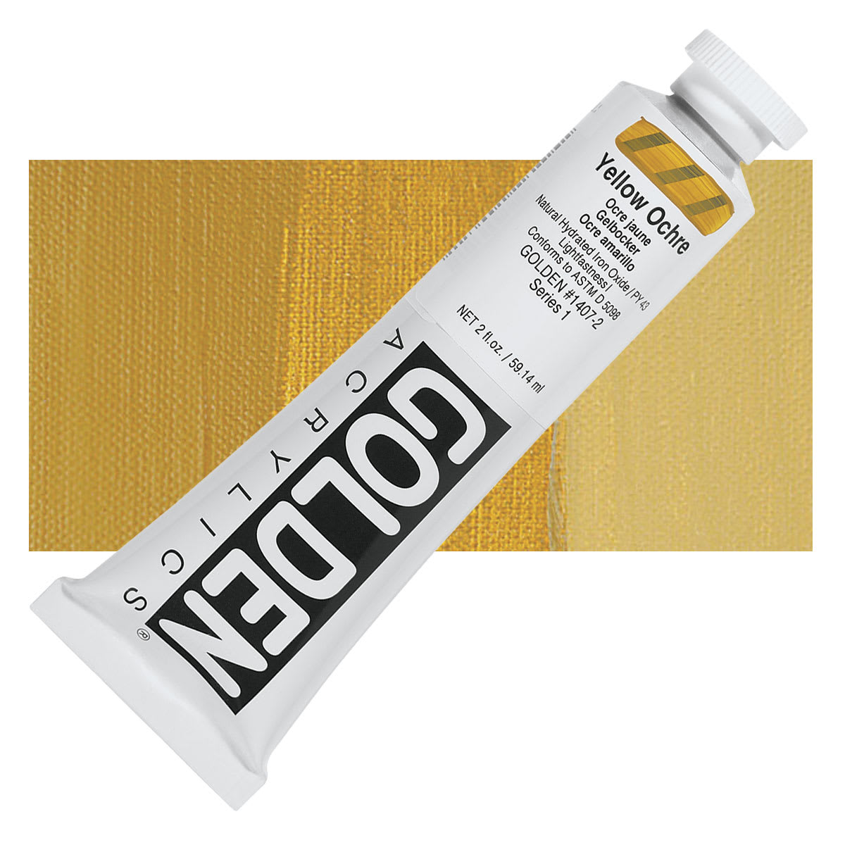 Golden Heavy Body Artist Acrylic - Yellow Ochre, 2 oz Tube and swatch