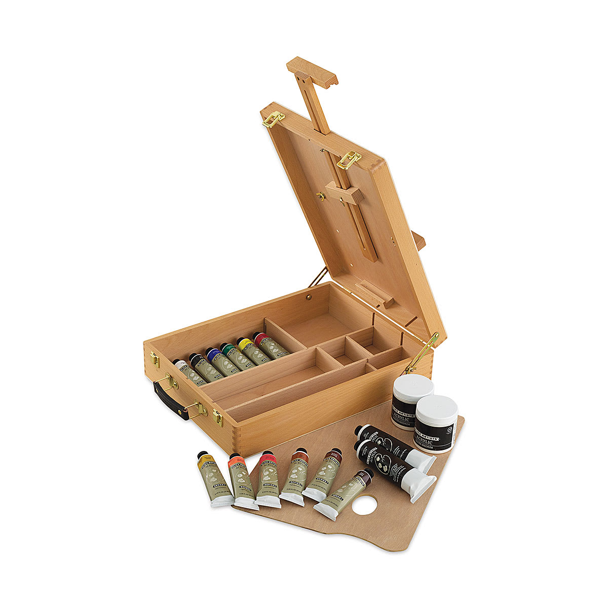 Blick Artist's Acrylic Paints - Easel Set Natural. Lid open, paints and palette inside and outside.