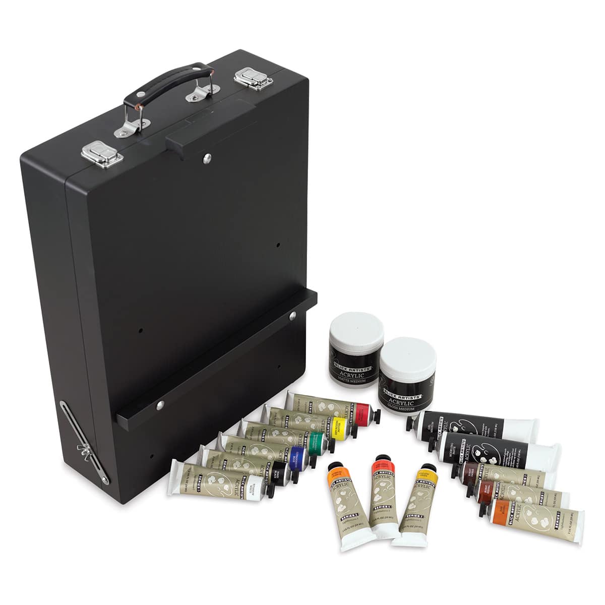 Blick Artists' Acrylic Paints-Easel Set, Black. Closed sketchbox, tubes and jars displayed outside.