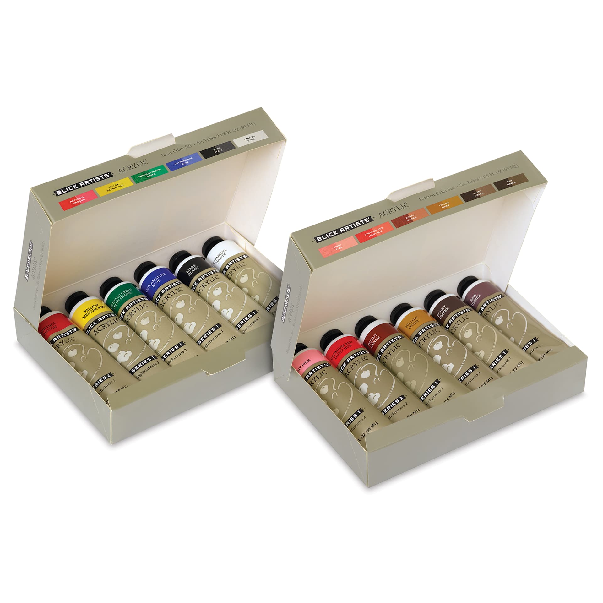 Blick Artists' Acrylic Set - Assorted, Set of 12 color, 2 oz tubes, open packaging