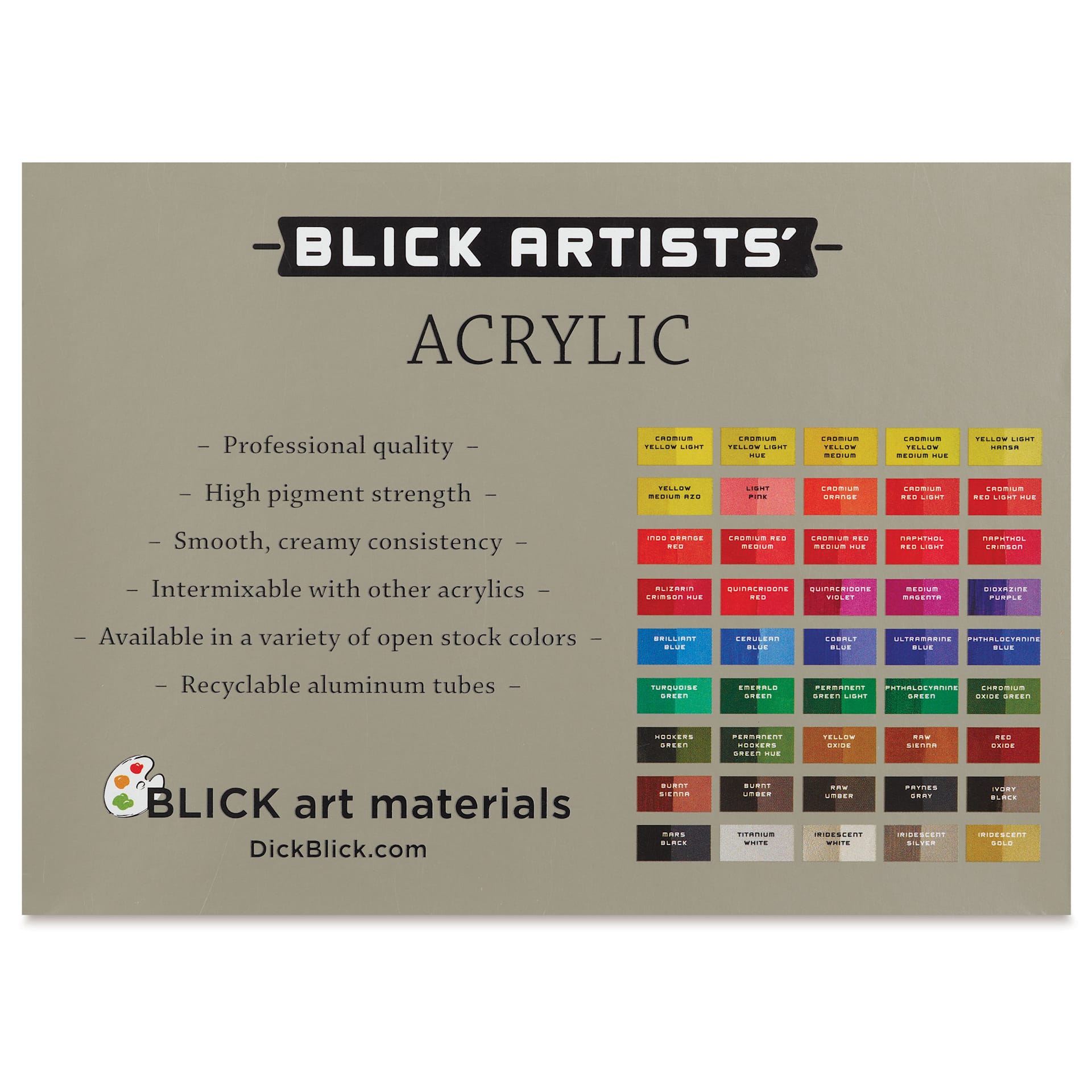Blick Artists' Acrylic Set - Basic Set, Set of 6 colors, 2 oz tubes, back of packaging