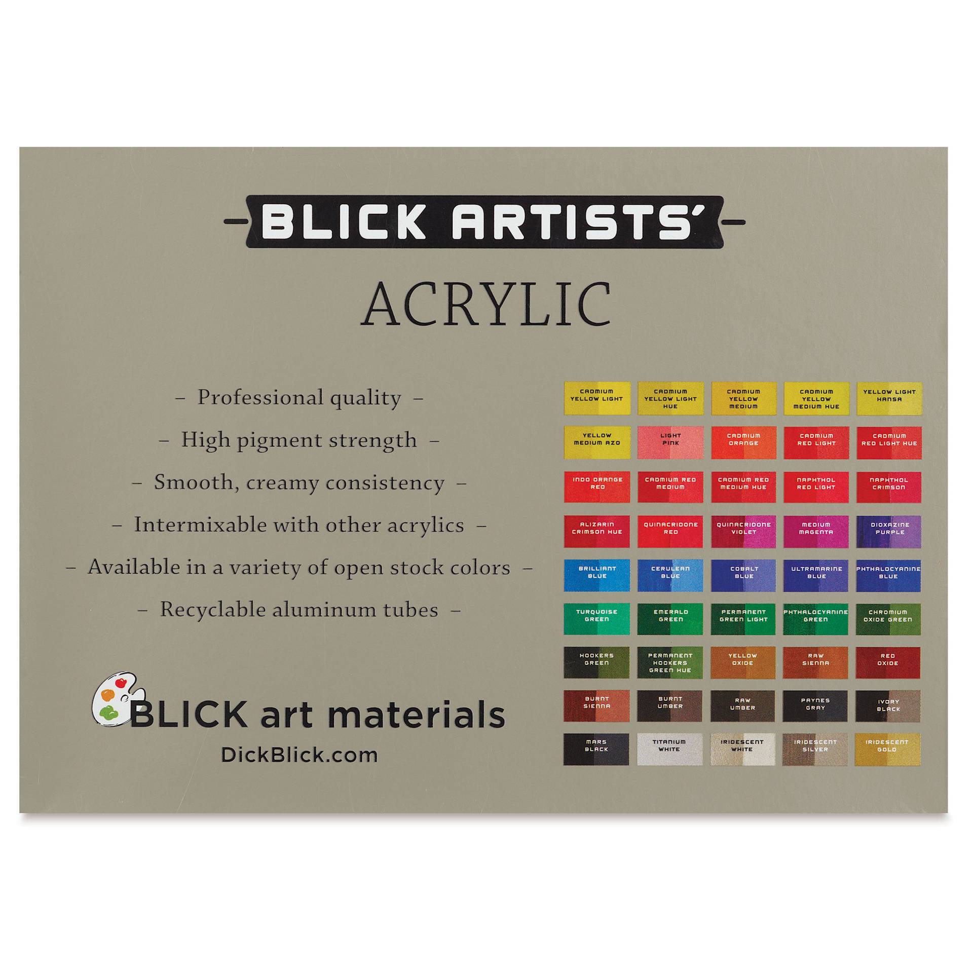 Blick Artists' Acrylic Set - Assorted, Set of 12 color, 2 oz tubes, back of packaging