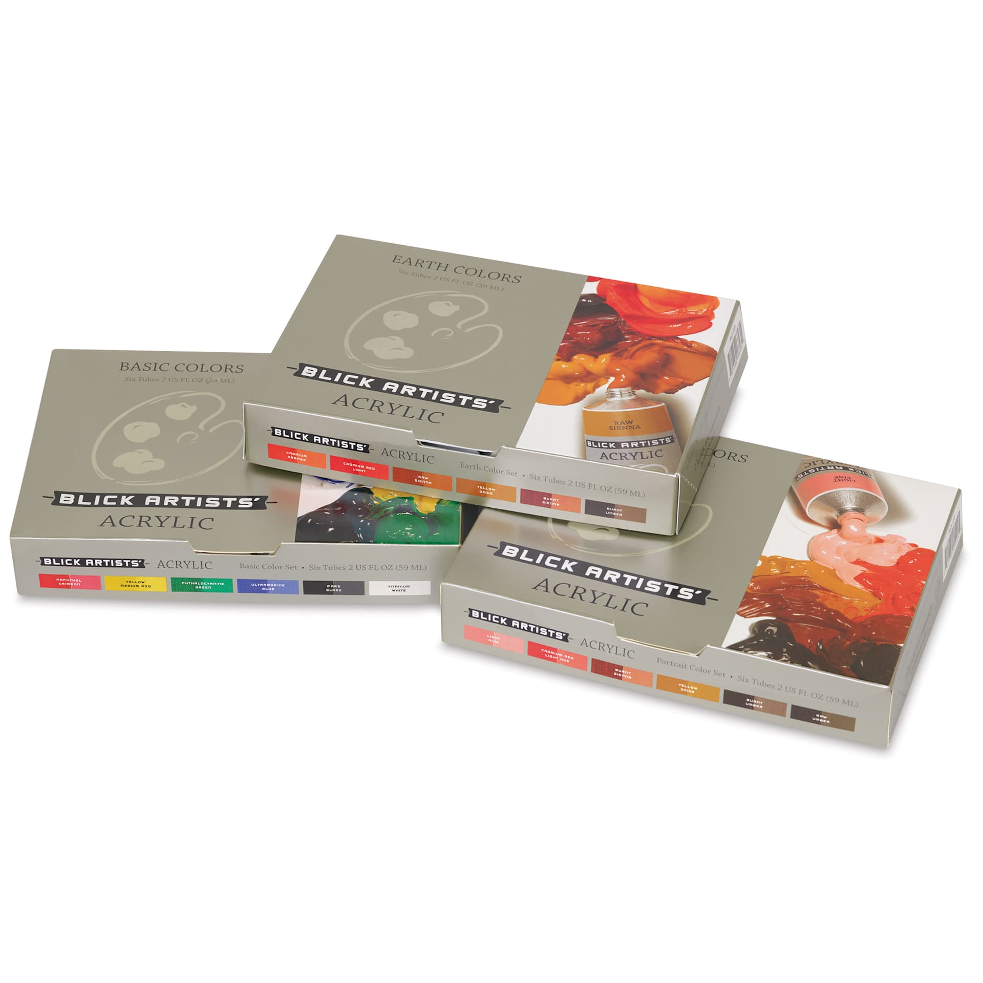 Blick Artists' Acrylic Paints and Sets, different set's packaging