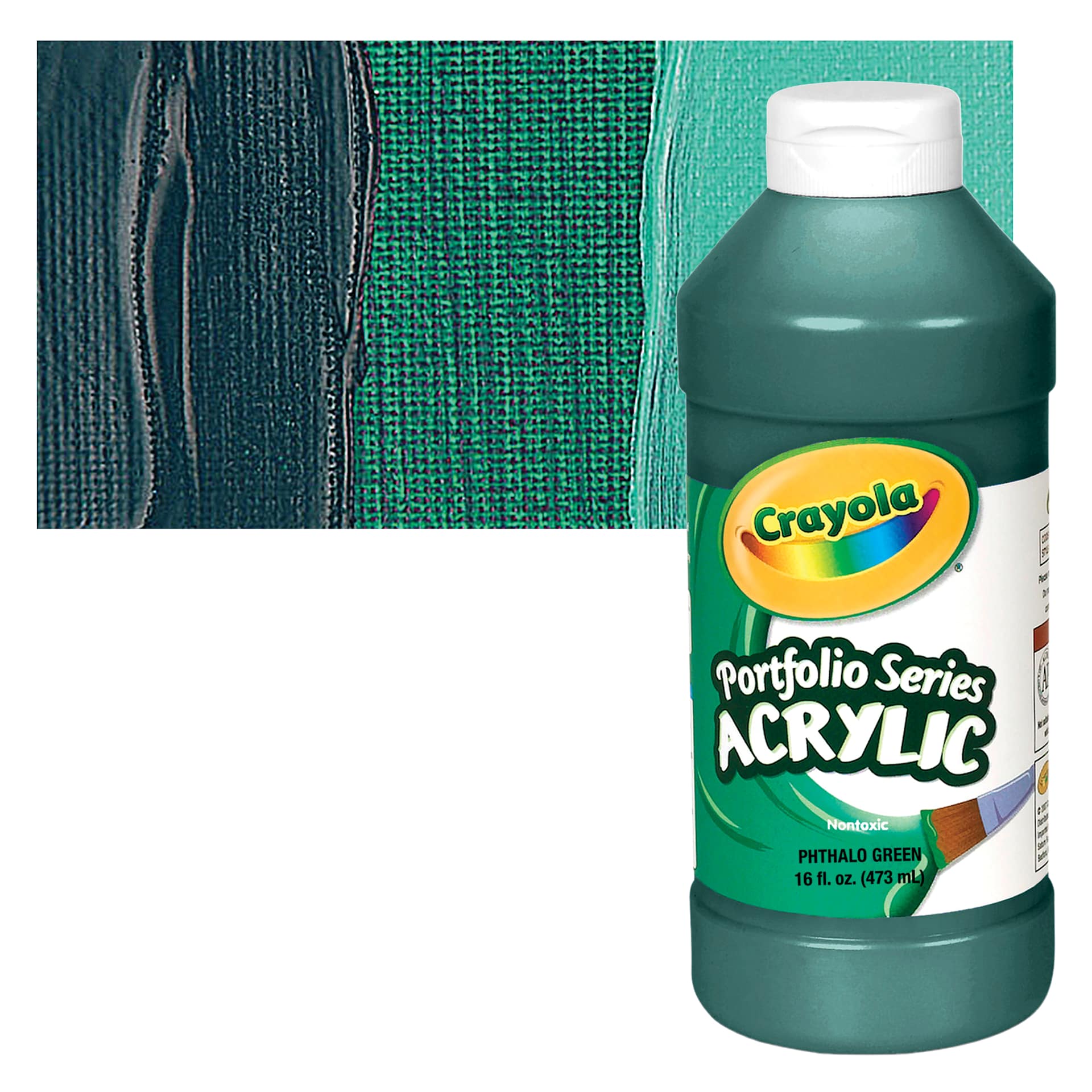 Crayola Portfolio Series Acrylic - Phthalo Green, 16 oz bottle and swatch