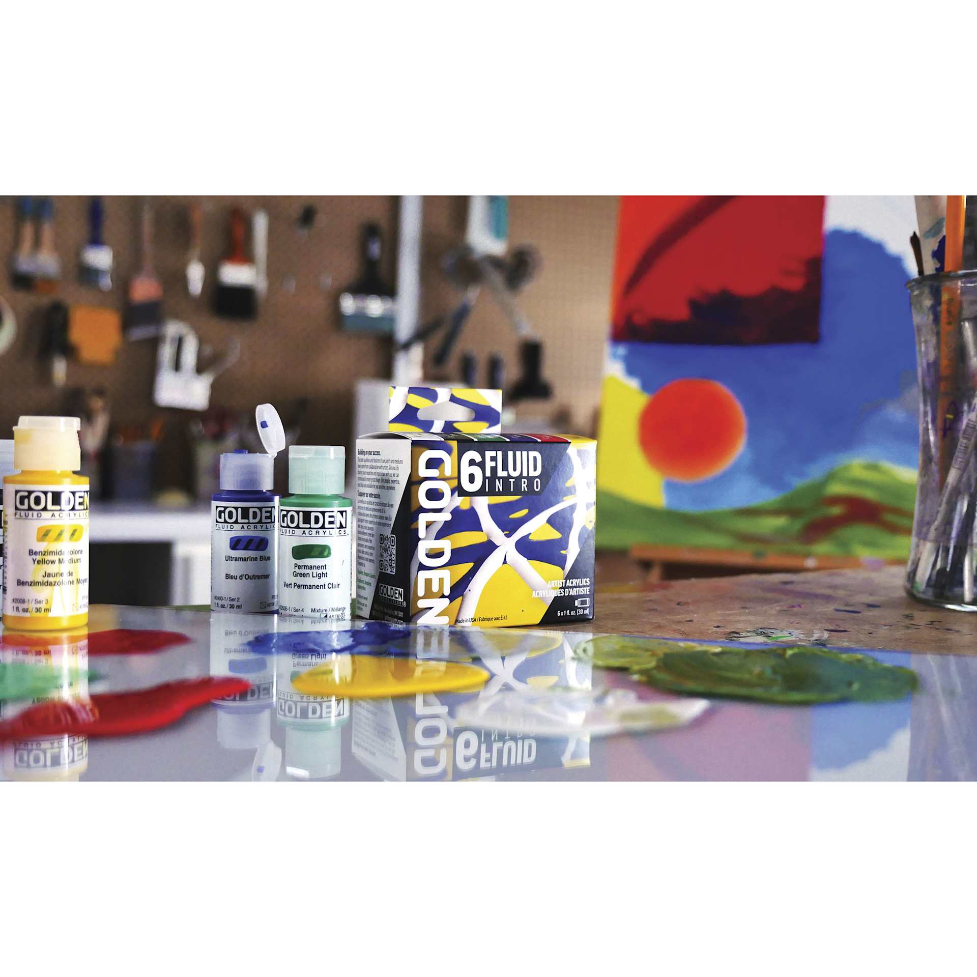 Golden Fluid Acrylics - Intro Colors, Set of 6, 30 ml, on desk