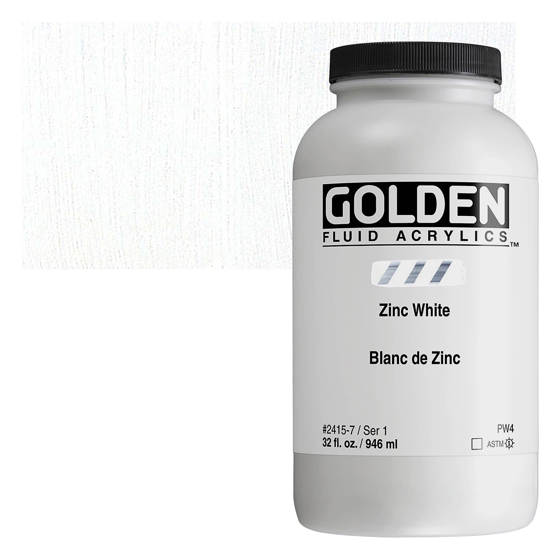 Golden Fluid Acrylic - Zinc White, 32 oz bottle and swatch
