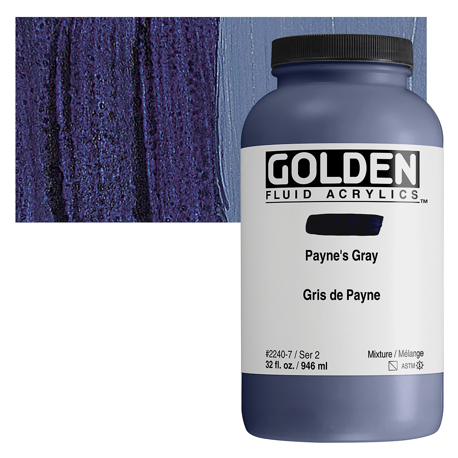 Golden Fluid Acrylic - Payne's Gray, 32 oz bottle and swatch