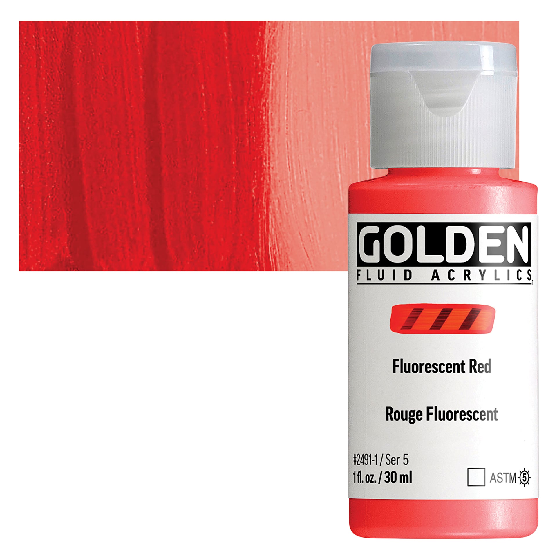 Golden Fluid Acrylic - Fluorescent Red, 1 oz bottle and swatch