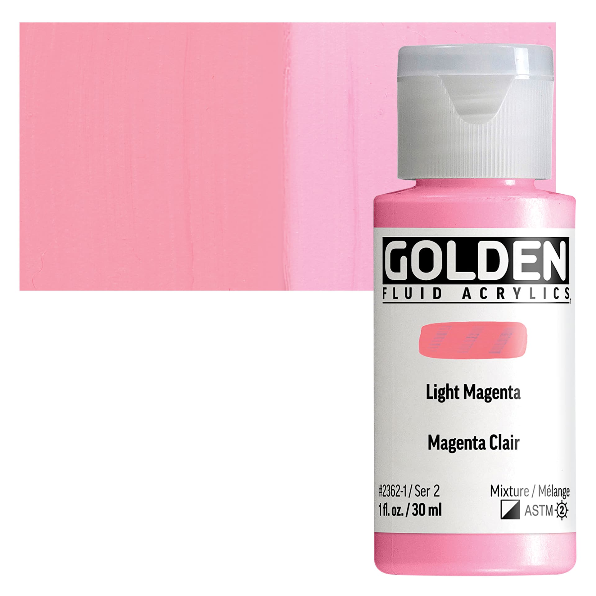 Golden Fluid Acrylic - Light Magenta, 1 oz bottle and swatch