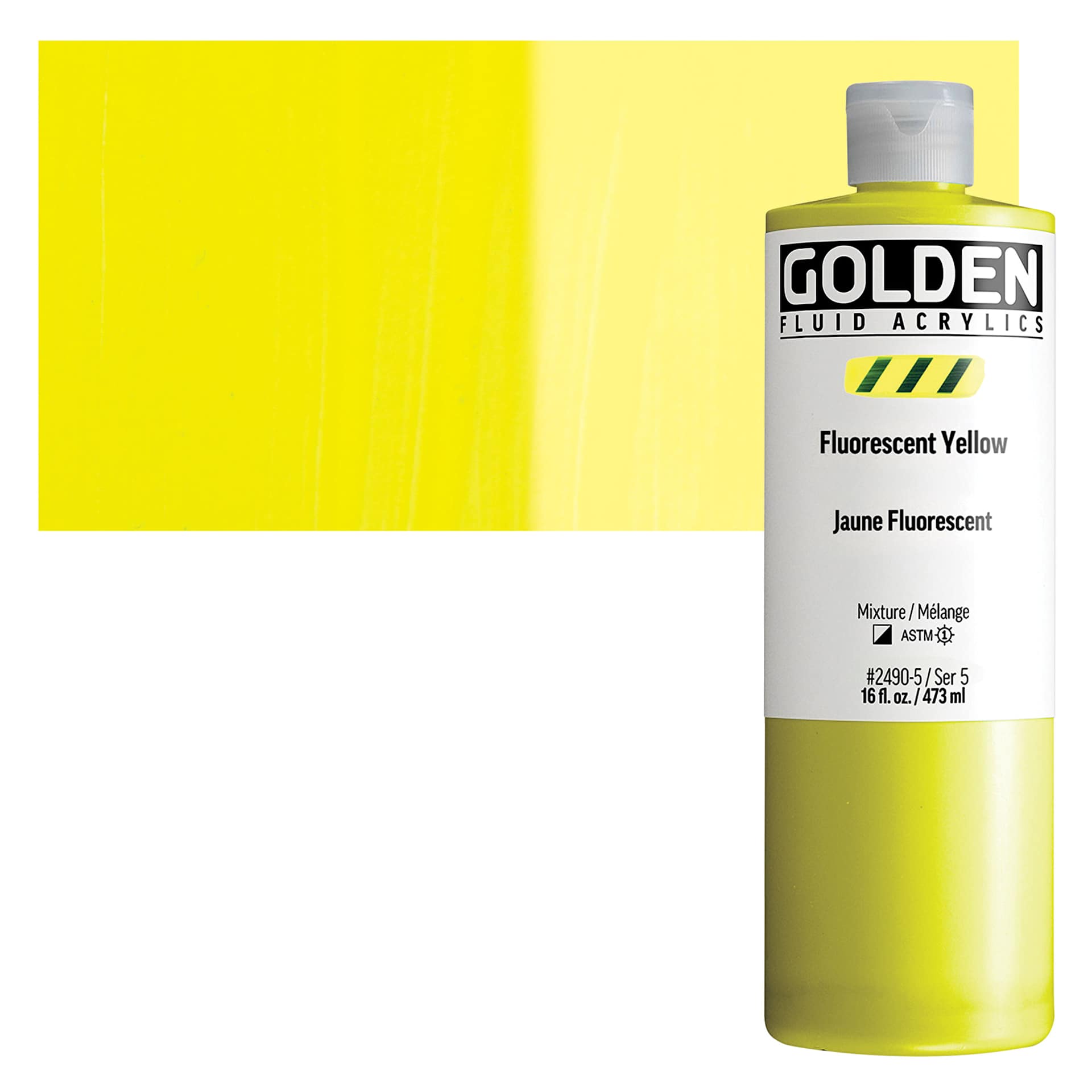 Golden Fluid Acrylic - Fluorescent Yellow, 16 oz Bottle and swatch