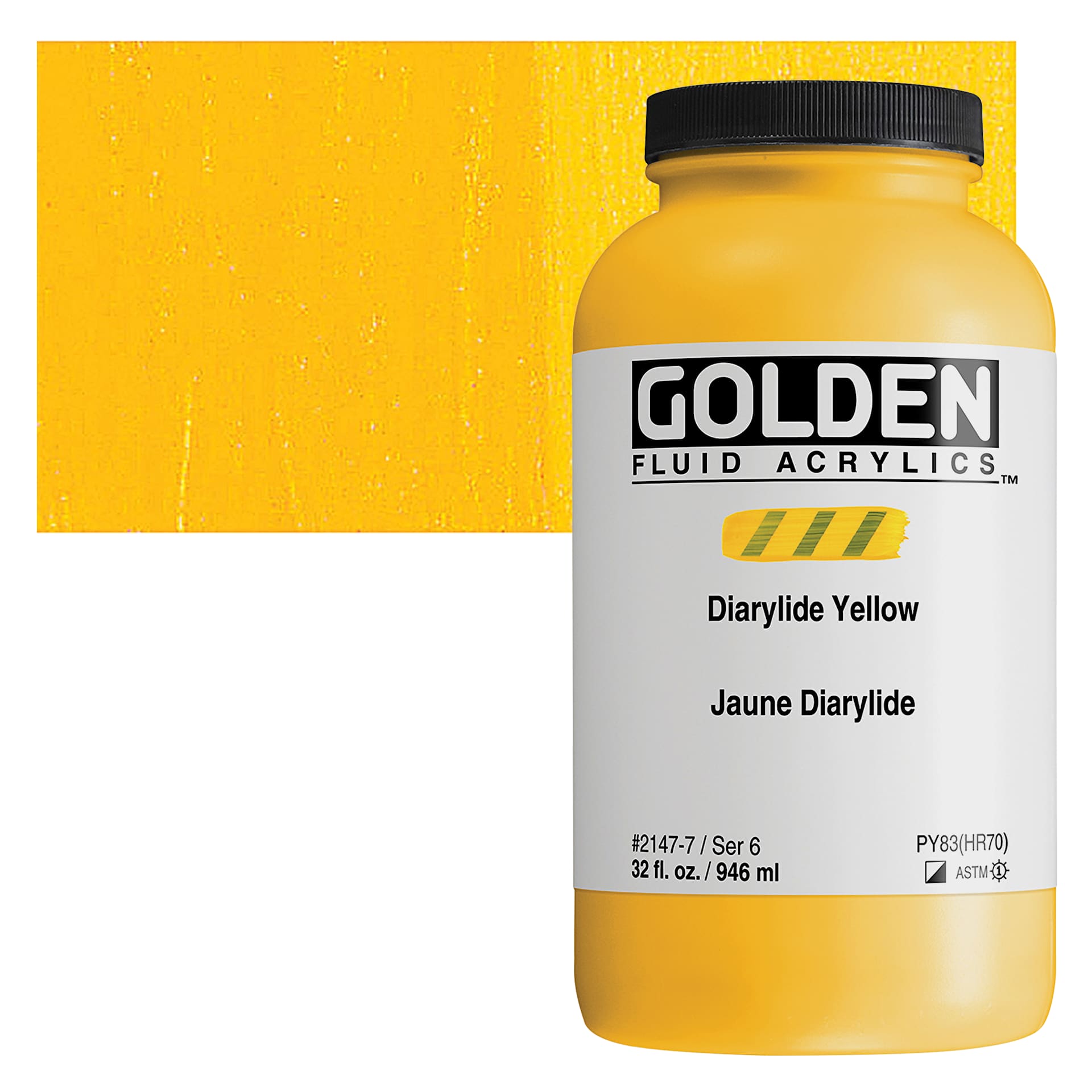 Golden Fluid Acrylic - Diarylide Yellow, 32 oz bottle and swatch