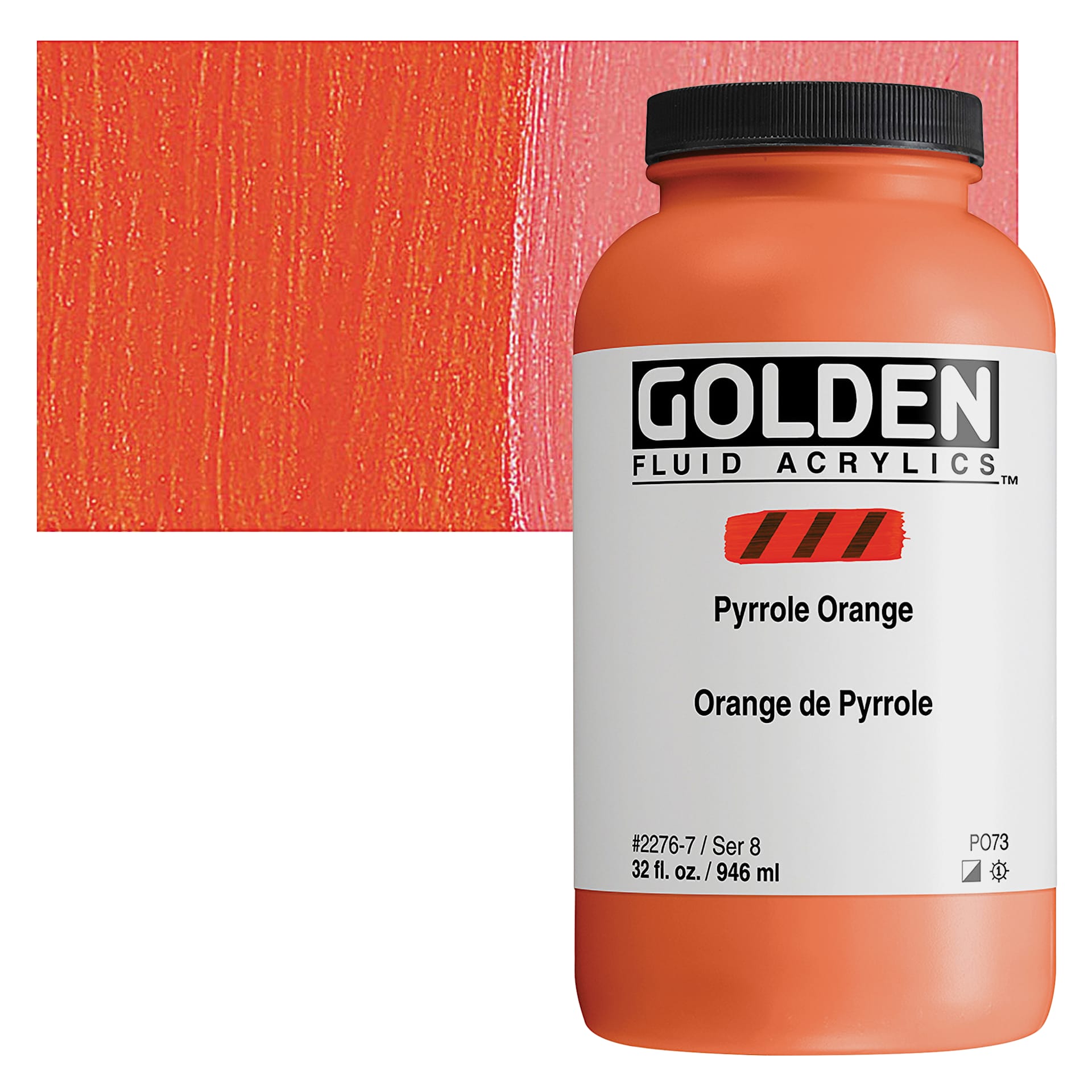 Golden Fluid Acrylic - Pyrrole Orange, 32 oz bottle and swatch