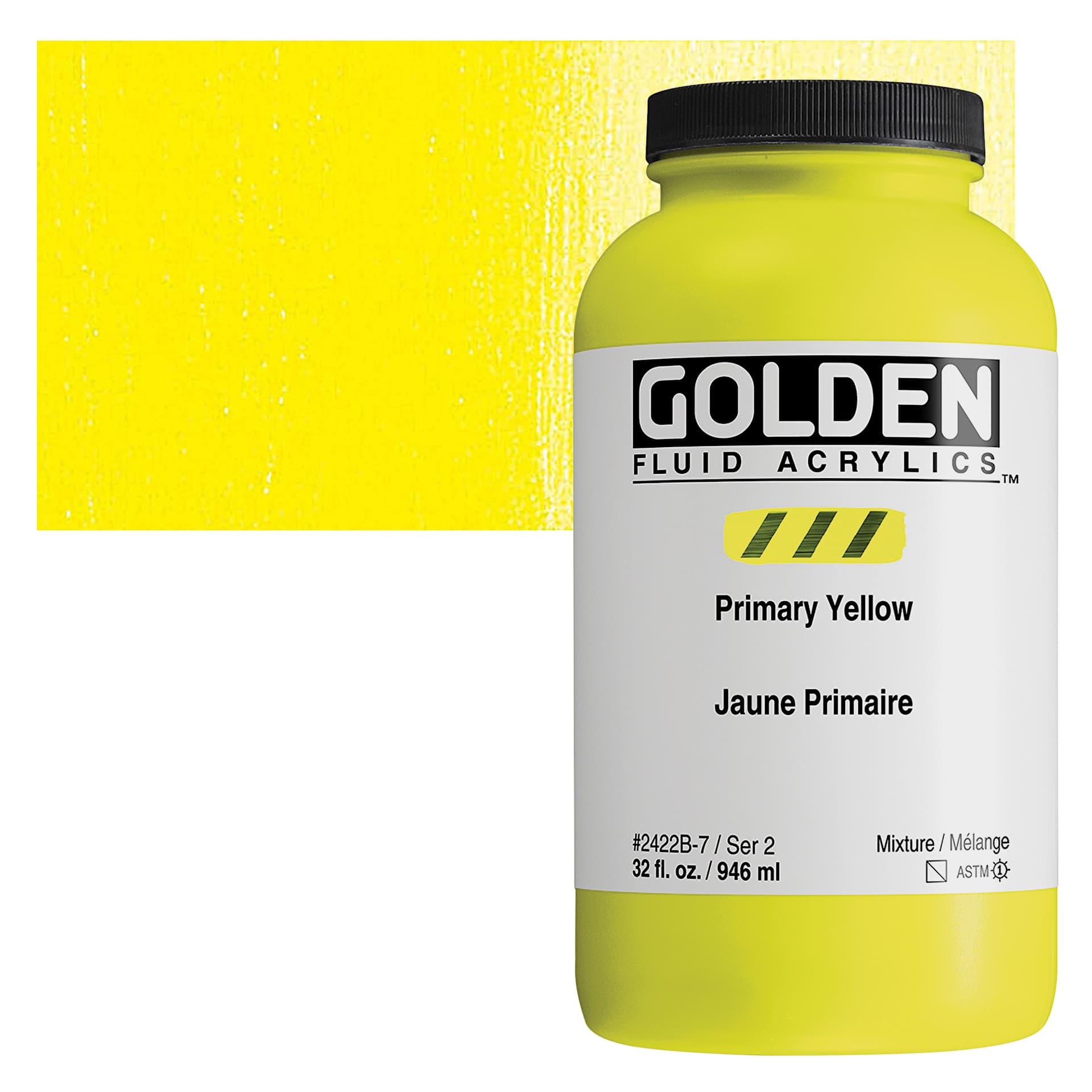 Golden Fluid Acrylic - Primary Yellow, 32 oz bottle and swatch