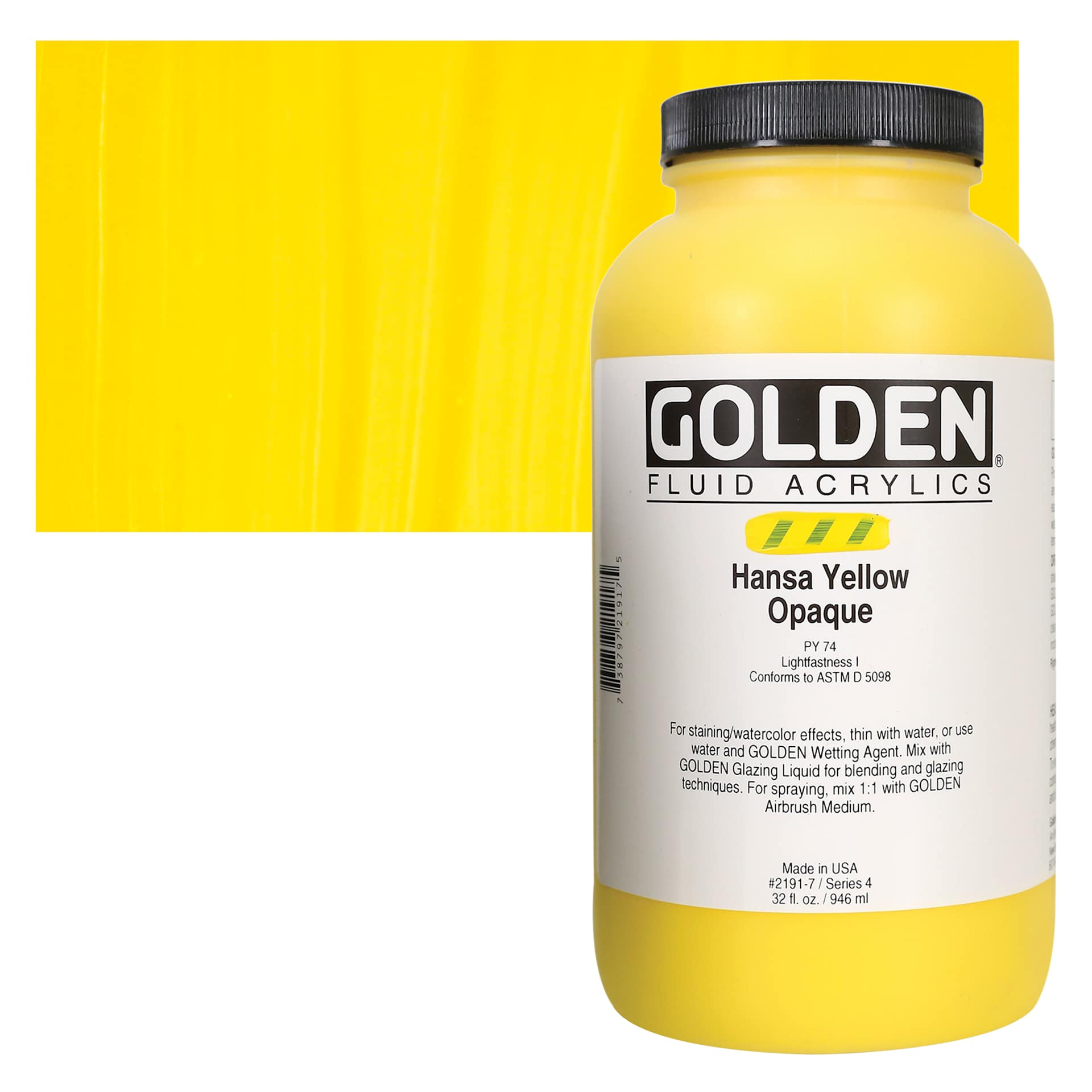 Golden Fluid Acrylic - Hansa Yellow Opaque, 32 oz, Jar and swatch